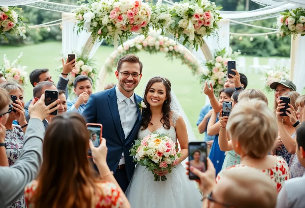 Couple enjoying their wedding day with guests capturing video memories.