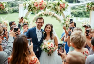 Couple enjoying their wedding day with guests capturing video memories.