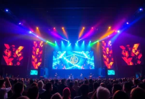 Image of a lively concert with colorful lights and an enthusiastic audience enjoying a musical performance.