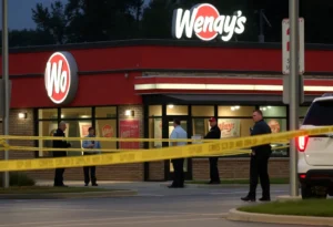 Scene of a shooting near Wendy's restaurant in Memphis, with police tape and vehicles.