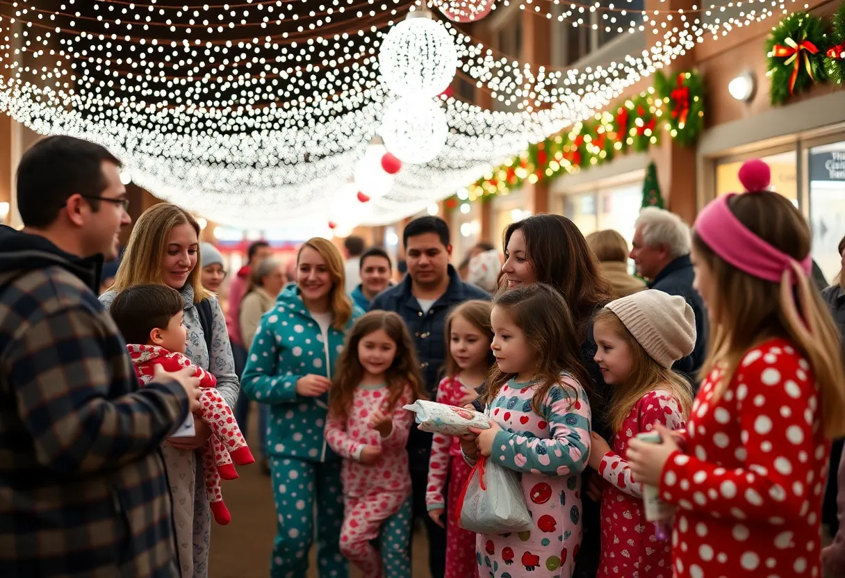 Families enjoying a holiday pajama giveaway event in West Memphis with festive decorations.