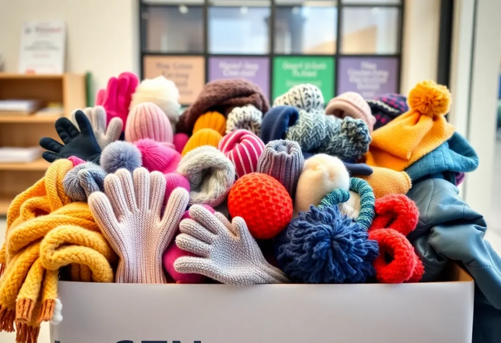Donation box filled with winter clothing items like hats, gloves, and scarves at a school event.