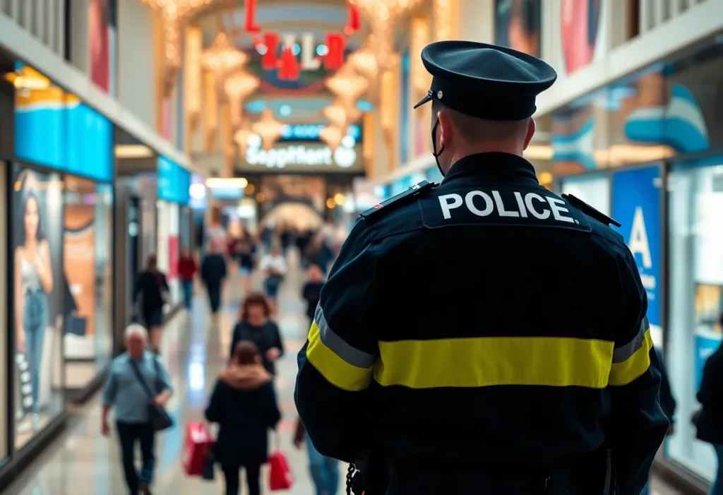 Crowded shopping mall with police presence