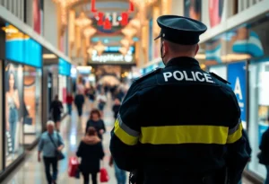 Crowded shopping mall with police presence