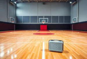 Basketball court with an empty center position and medical kit