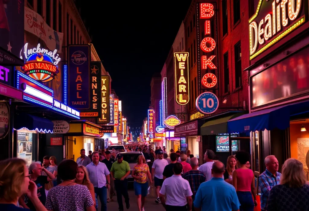 A lively scene on Beale Street in Memphis with music and entertainment