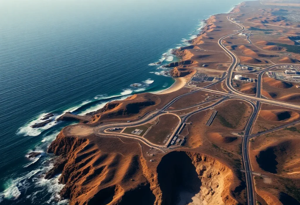 Aerial view of California's coastline and oil pipelines