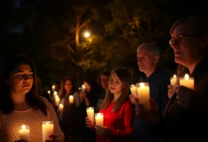 Community members holding candles at a vigil