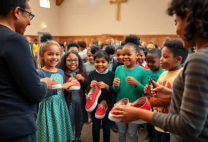Children receiving new shoes from a church in South Memphis