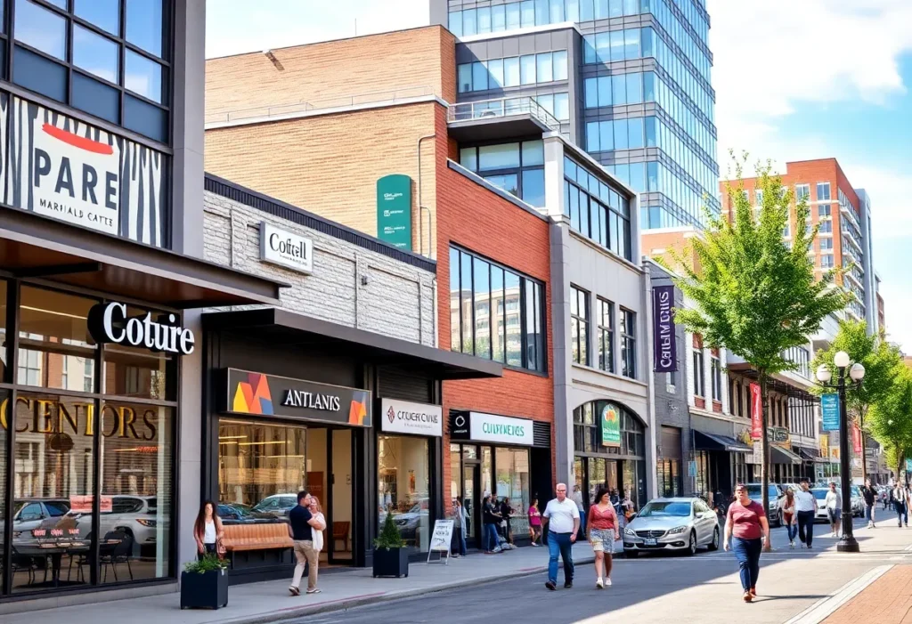 A streetscape in Collierville showing new businesses and community life.