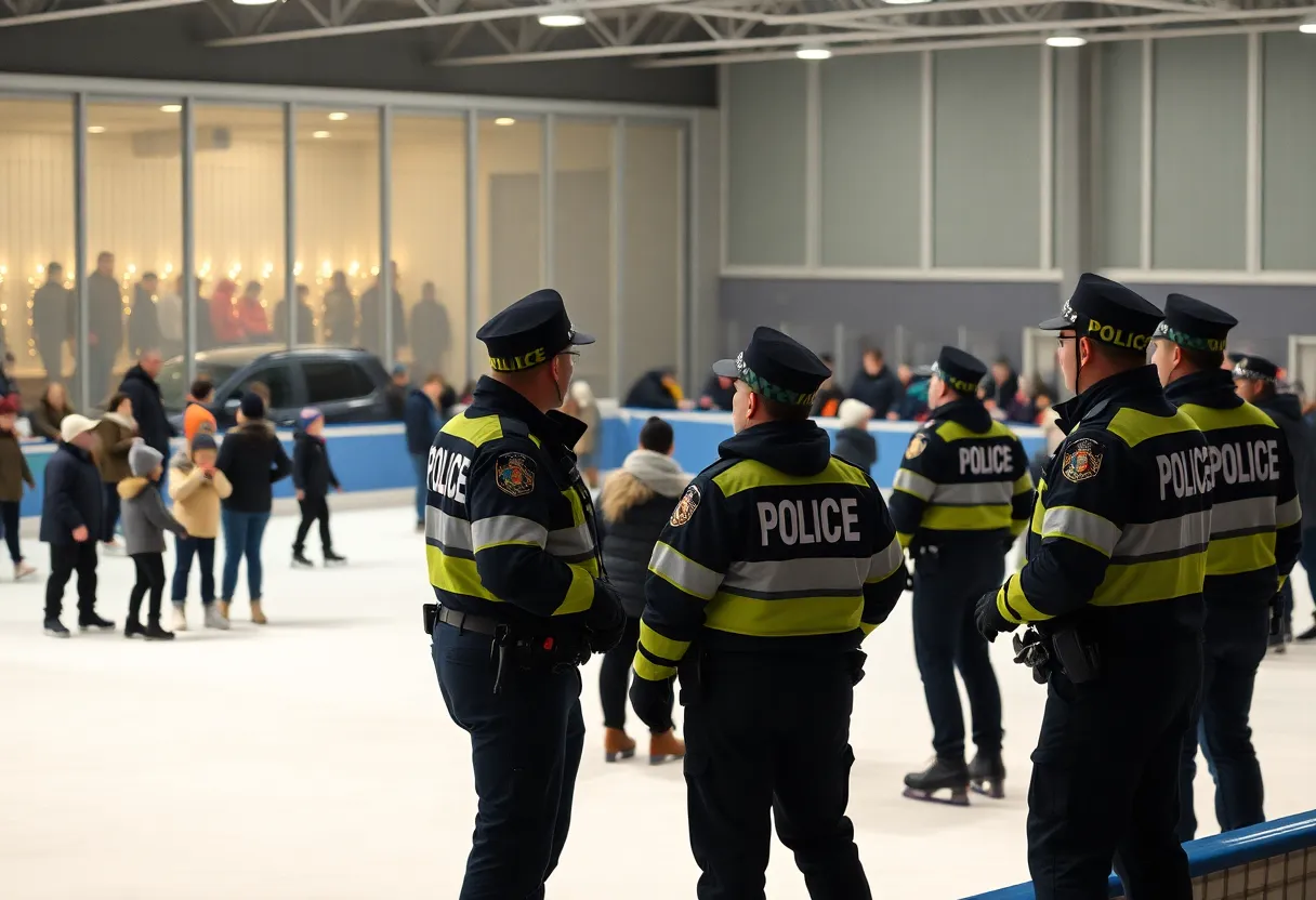 Police officers outside Cordova Skating Center during increased law enforcement activity.