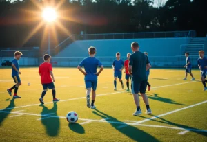 Football players practicing under lights
