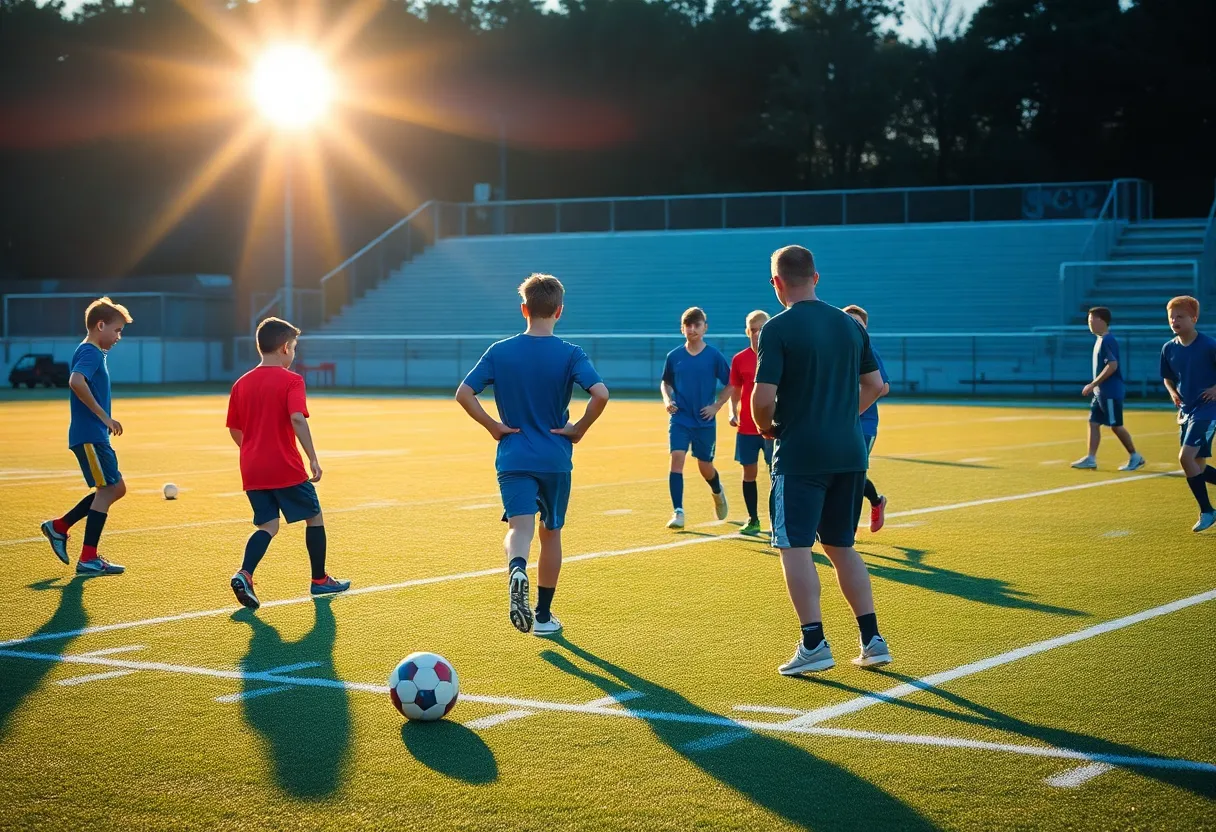 Football players practicing under lights