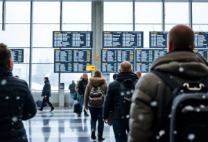 Passengers at an airport terminal during a winter storm