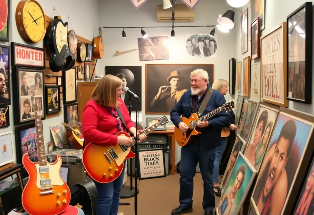 Community event celebrating Elvis Presley with vintage memorabilia and artworks