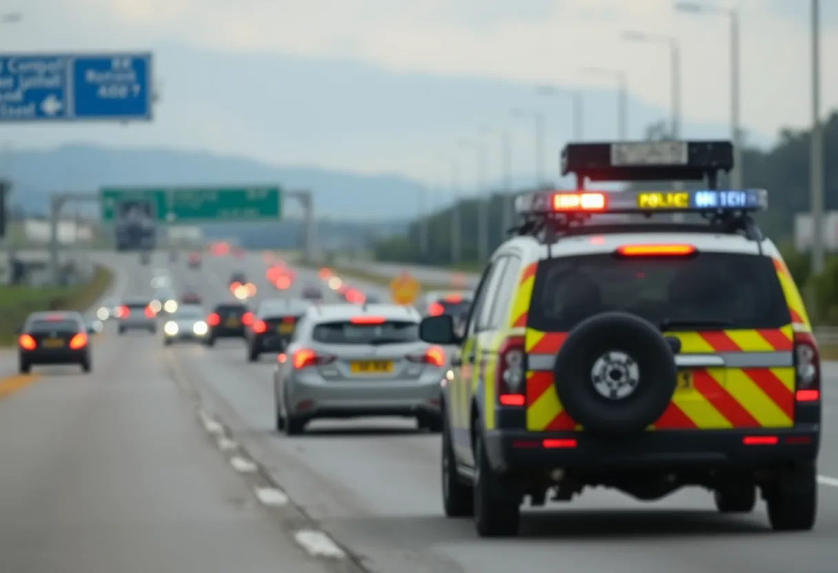 Patrol vehicle with emergency lights on a highway