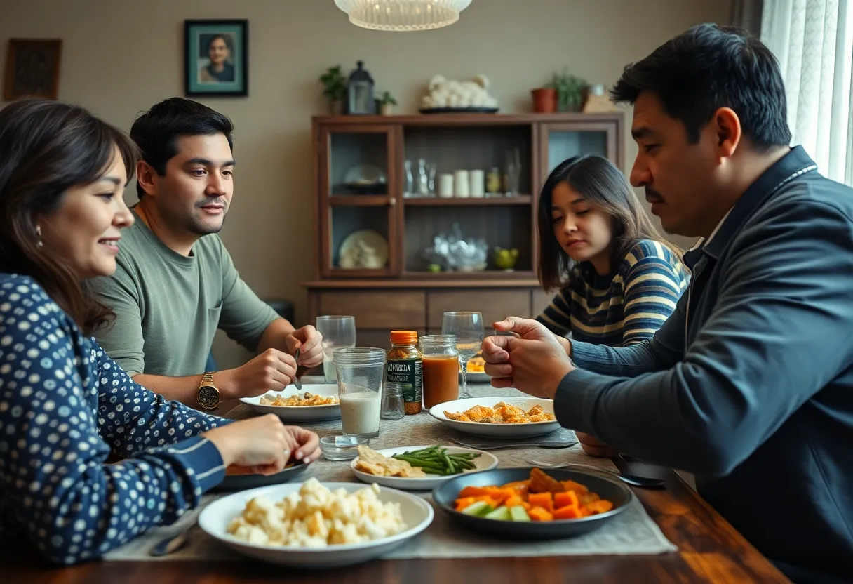 Tense family dining scenario hinting at conflict