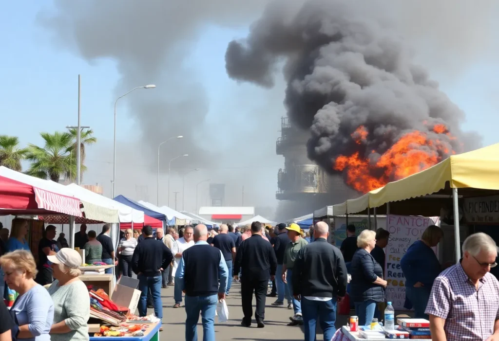 Firefighters responding to the Frayser Flea Market fire with smoke in the background.