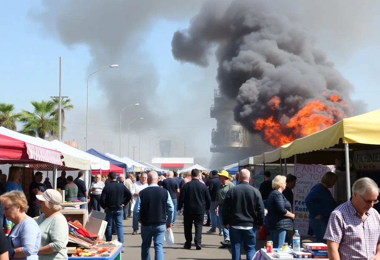 Firefighters responding to the Frayser Flea Market fire with smoke in the background.