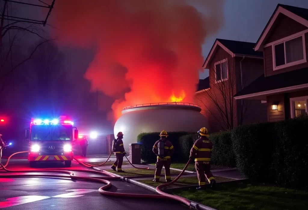 Firefighters extinguishing a fuel tank fire in Castalia Heights, Memphis.