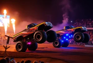 Monster trucks performing stunts at the Glow-N-Fire tour.