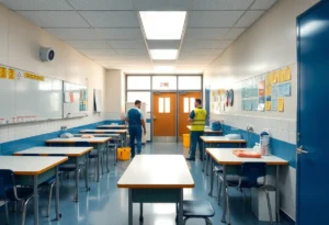 Custodial staff cleaning a classroom in a Memphis school