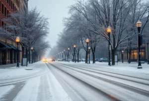 Snowy street in Knoxville during a winter storm watch