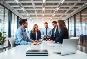 A corporate team discussing leadership transition at Sharp Home Electronics.