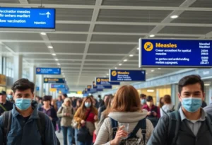 Travelers at Memphis International Airport receiving health advisory about measles exposure.