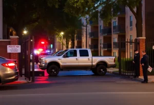 Scene of a crash at Owen’s Place Apartments in Memphis, showing a pickup truck against the damaged gate.