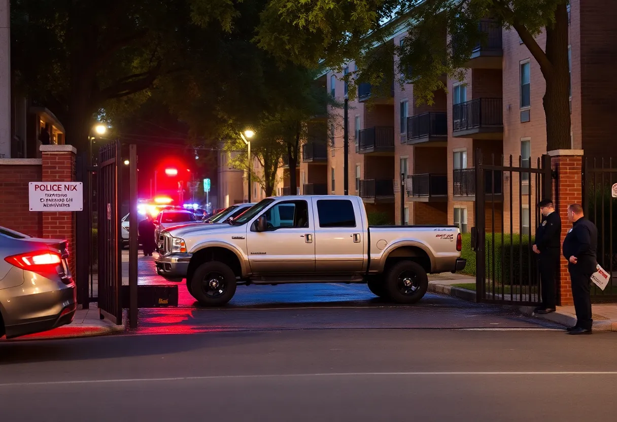 Scene of a crash at Owen’s Place Apartments in Memphis, showing a pickup truck against the damaged gate.