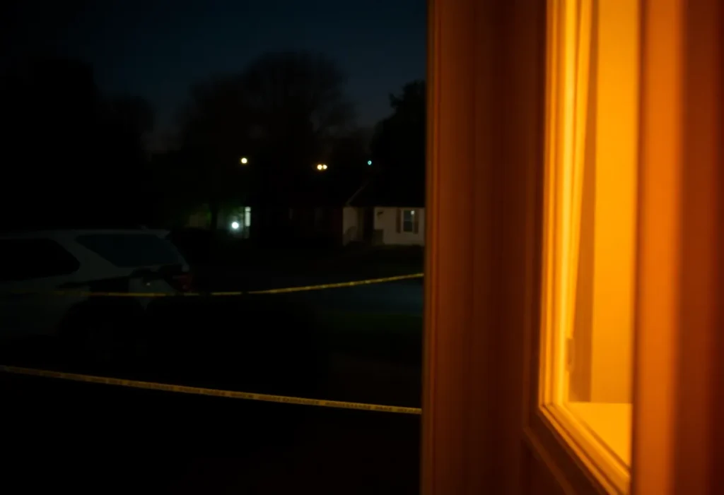 Nighttime view of a neighborhood showing a bedroom window