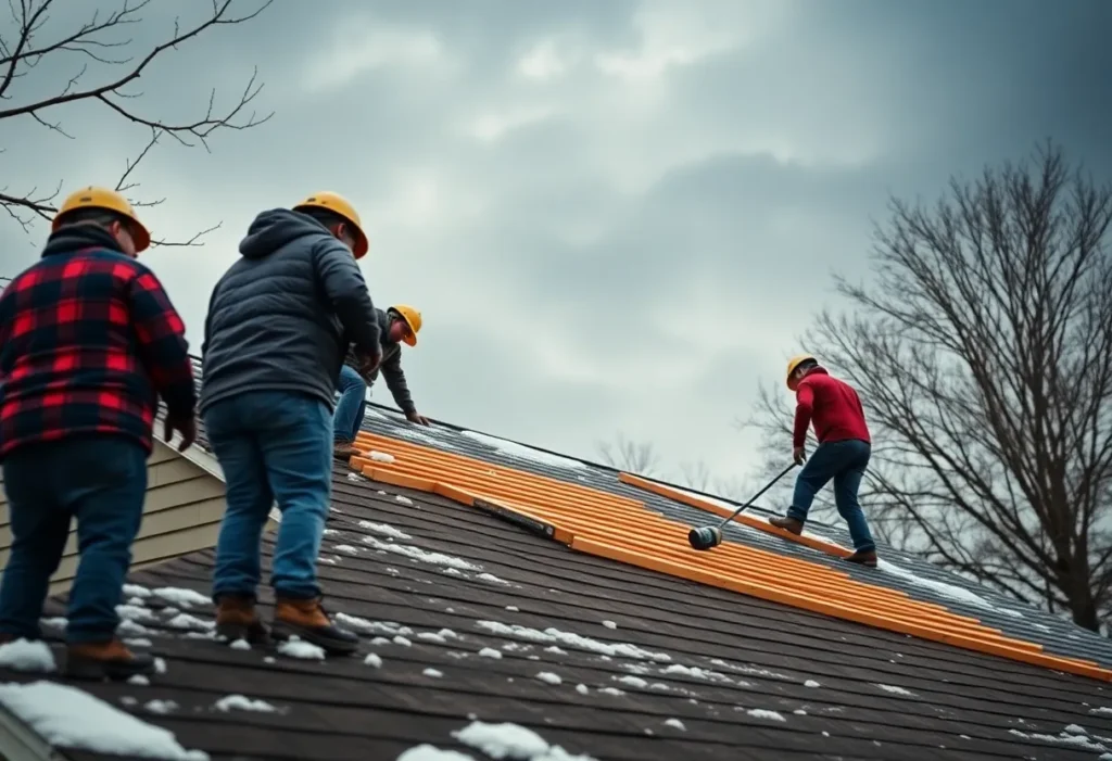 A team of roofers installing a new roof on a house ahead of a winter storm.