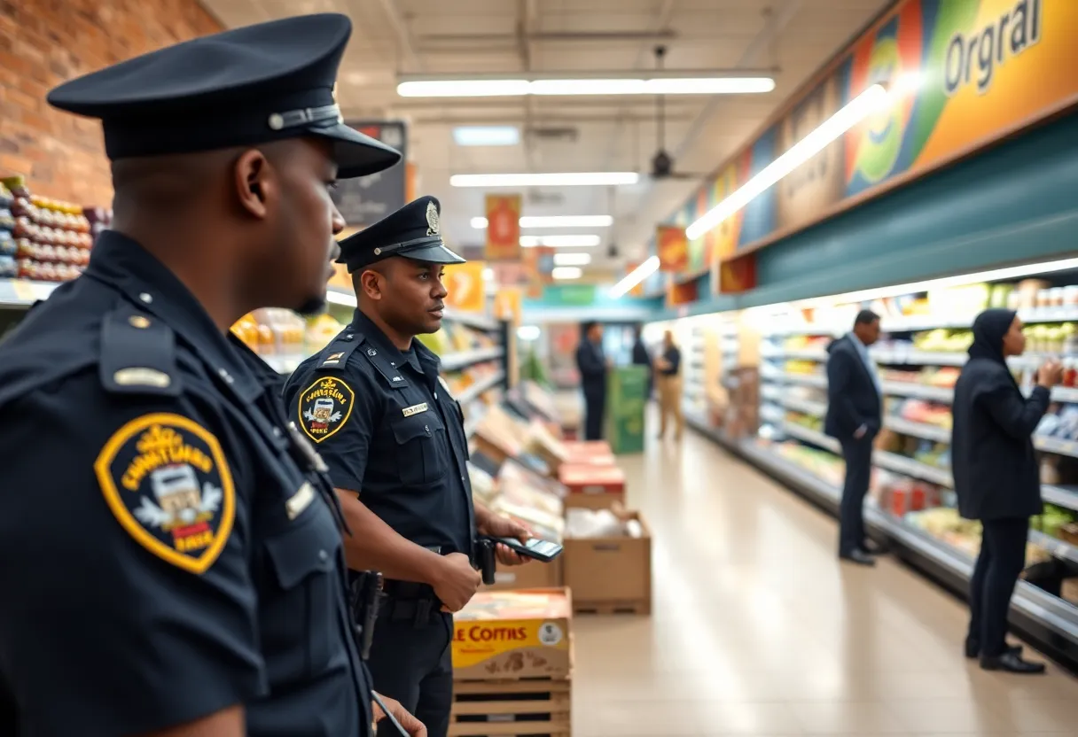 Police officers at a grocery store in Memphis following an armed robbery incident.