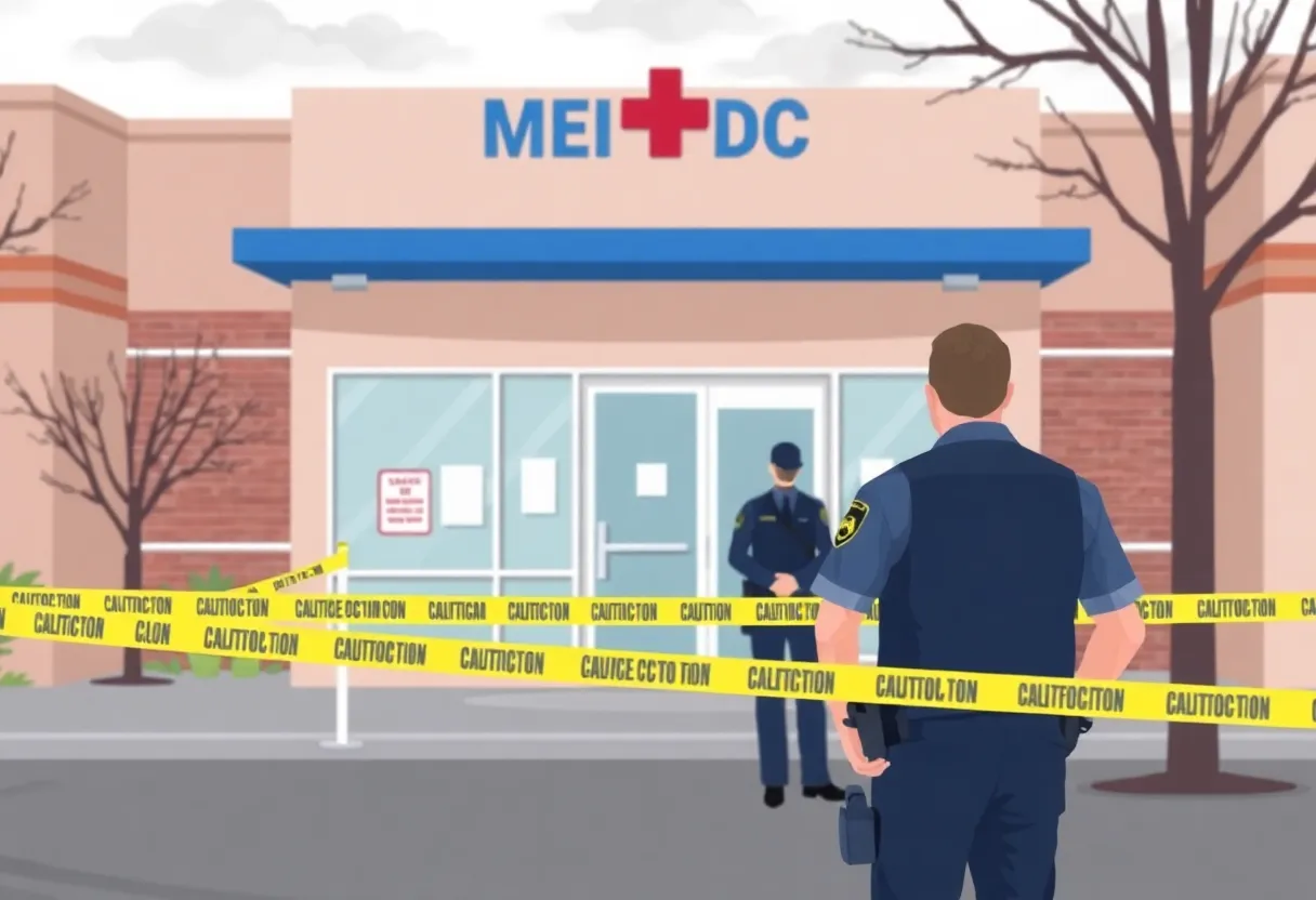 Medical clinic with caution tape representing legal issues in healthcare