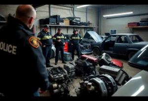 Police dismantling an illegal chop shop with stolen vehicle parts