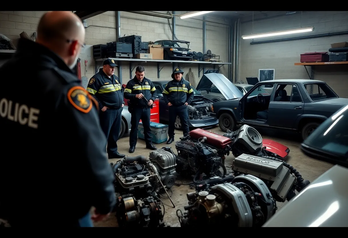 Police dismantling an illegal chop shop with stolen vehicle parts