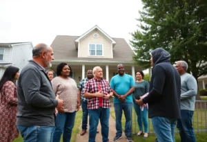 Community members discussing property fraud outside a suburban home.