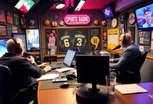 Inside view of a sports radio station studio with hosts discussing sports.