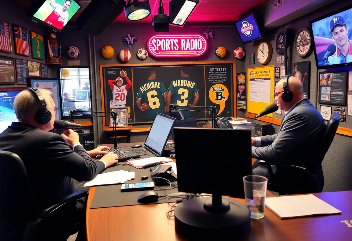 Inside view of a sports radio station studio with hosts discussing sports.