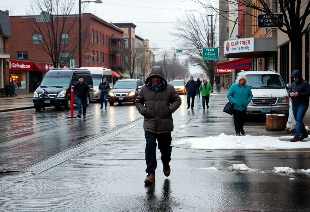 Memphis city street transitioning from rain to cold winter weather.