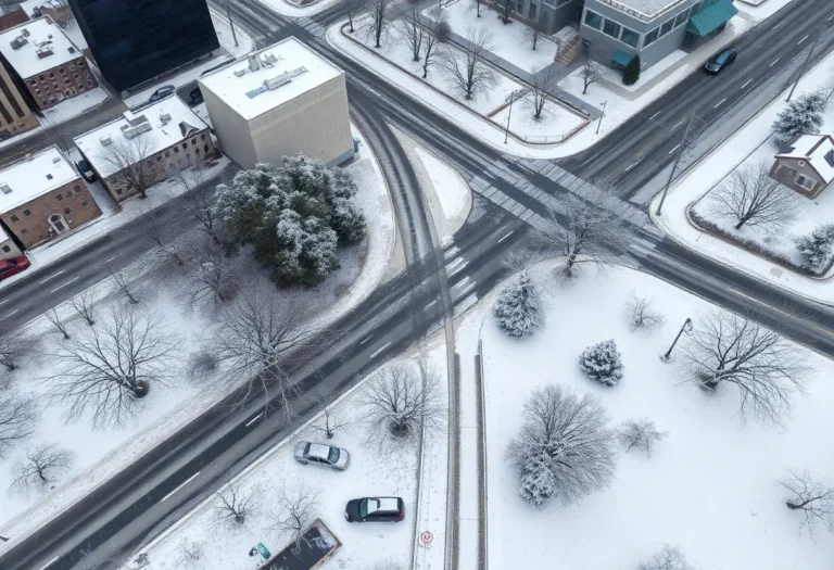 A snowy Memphis landscape showing icy roads and tree branches