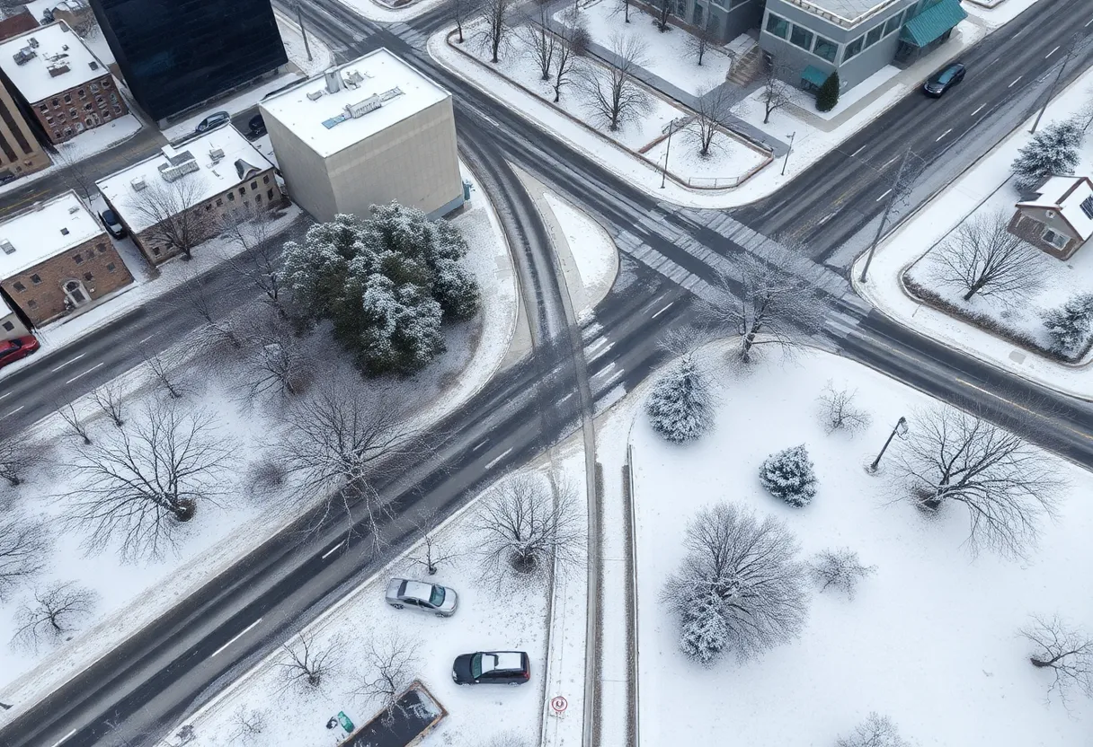 A snowy Memphis landscape showing icy roads and tree branches