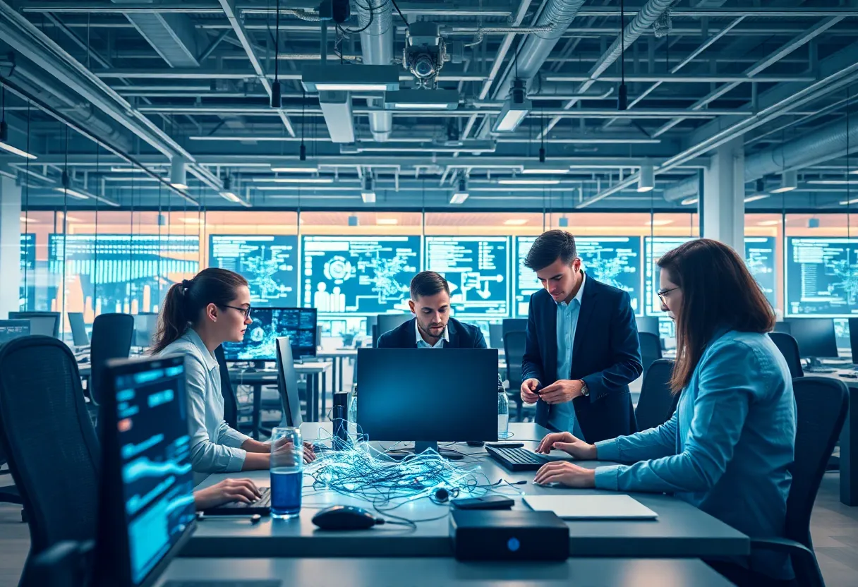 Team collaborating in a high-tech office discussing AI technology projects