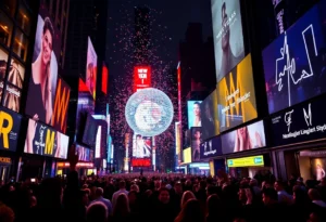 Crowd celebrating New Year's Eve with Times Square ball drop.