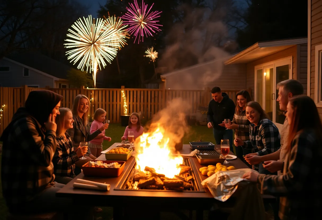 Families celebrating New Year's Eve with a cookout in Memphis.
