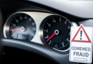 Warning sign regarding odometer fraud next to a used car.