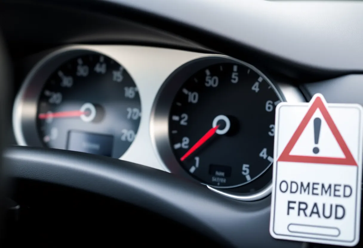 Warning sign regarding odometer fraud next to a used car.