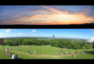 Panoramic view of Overton Park with people and museum site
