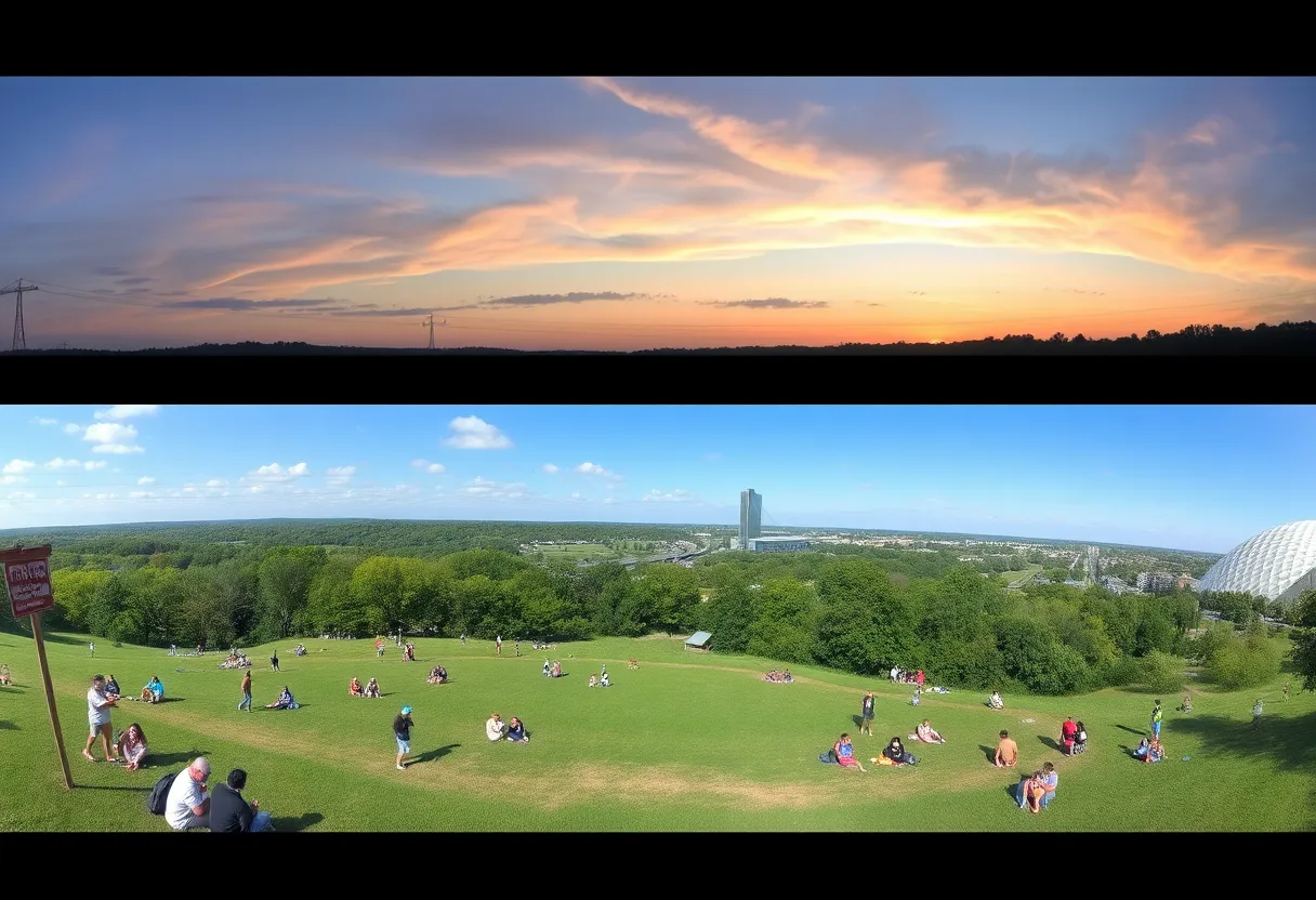 Panoramic view of Overton Park with people and museum site